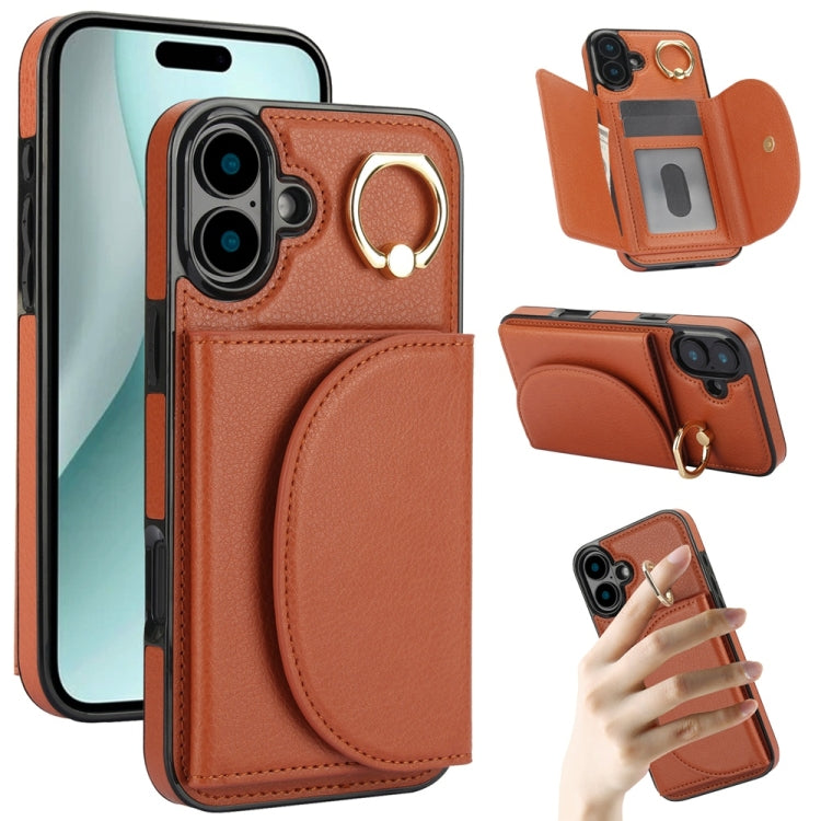 For iPhone 16 YM007 Ring Holder Card Bag Skin Feel Phone Case(Brown) - iPhone 16 Cases by buy2fix | Online Shopping UK | buy2fix