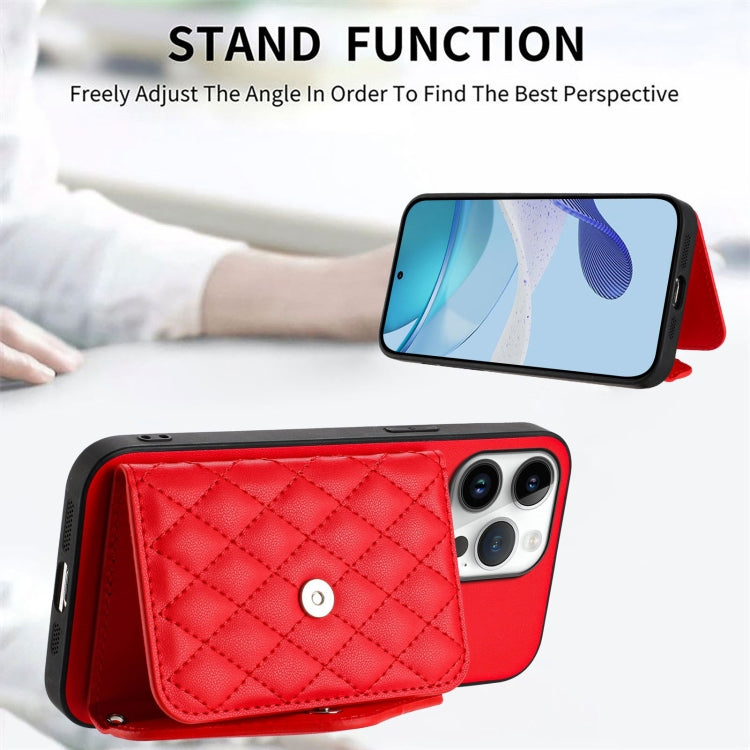 For iPhone 16 Pro Max Rhombic Texture Card Bag RFID Phone Case with Long Lanyard(Red) - iPhone 16 Pro Max Cases by buy2fix | Online Shopping UK | buy2fix