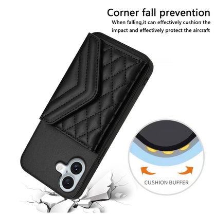 For iPhone 16 Plus Rhombic Texture Card Bag RFID Phone Case with Long Lanyard(Black) - iPhone 16 Plus Cases by buy2fix | Online Shopping UK | buy2fix