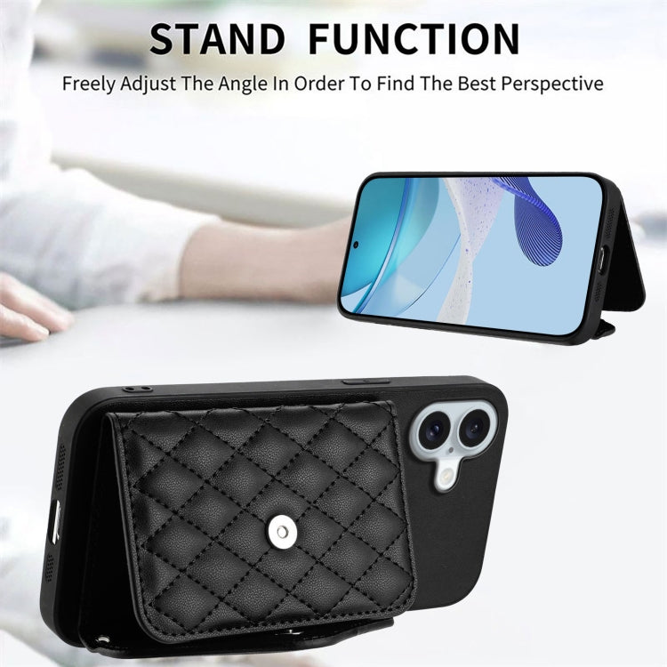 For iPhone 16 Plus Rhombic Texture Card Bag RFID Phone Case with Long Lanyard(Black) - iPhone 16 Plus Cases by buy2fix | Online Shopping UK | buy2fix