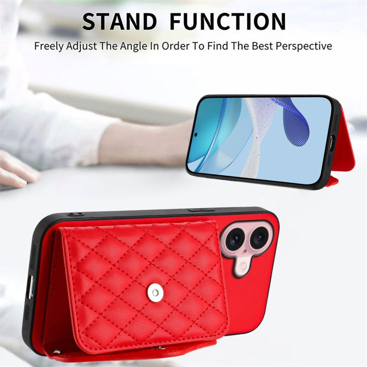 For iPhone 16 Rhombic Texture Card Bag RFID Phone Case with Long Lanyard(Red) - iPhone 16 Cases by buy2fix | Online Shopping UK | buy2fix