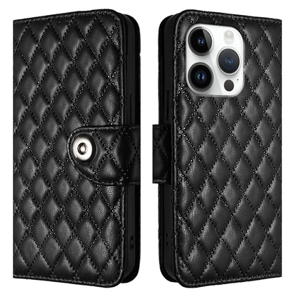 For iPhone 16 Pro Rhombic Texture Flip Leather Phone Case with Lanyard(Black) - iPhone 16 Pro Cases by buy2fix | Online Shopping UK | buy2fix