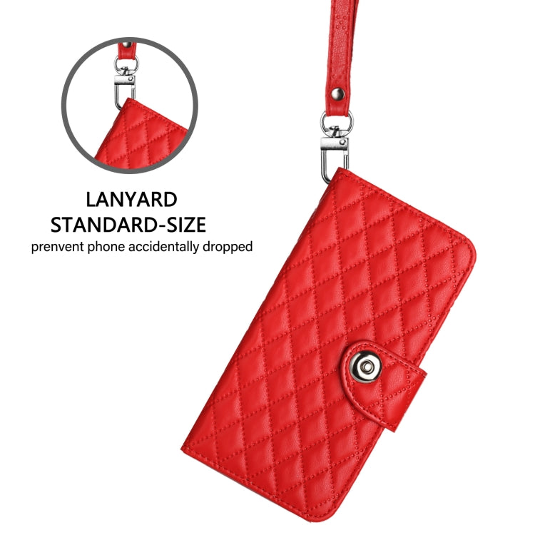 For iPhone 16 Plus Rhombic Texture Flip Leather Phone Case with Lanyard(Red) - iPhone 16 Plus Cases by buy2fix | Online Shopping UK | buy2fix