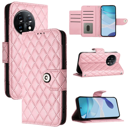 For OnePlus 11 Rhombic Texture Flip Leather Phone Case with Lanyard(Pink) - OnePlus Cases by buy2fix | Online Shopping UK | buy2fix