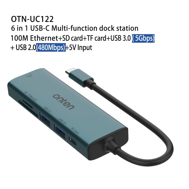 Onten UC122 6 in 1 USB-C / Type-C to SD + TF Card + USB 3.0 HUB with 5V Input & 100Mbps Network Card - USB HUB by Onten | Online Shopping UK | buy2fix