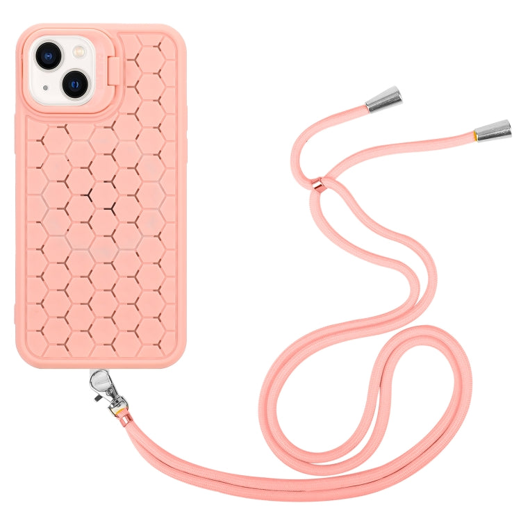 For iPhone 15 Plus Honeycomb Radiating Lens Holder Magsafe Phone Case with Lanyard(Pink) - iPhone 15 Plus Cases by buy2fix | Online Shopping UK | buy2fix