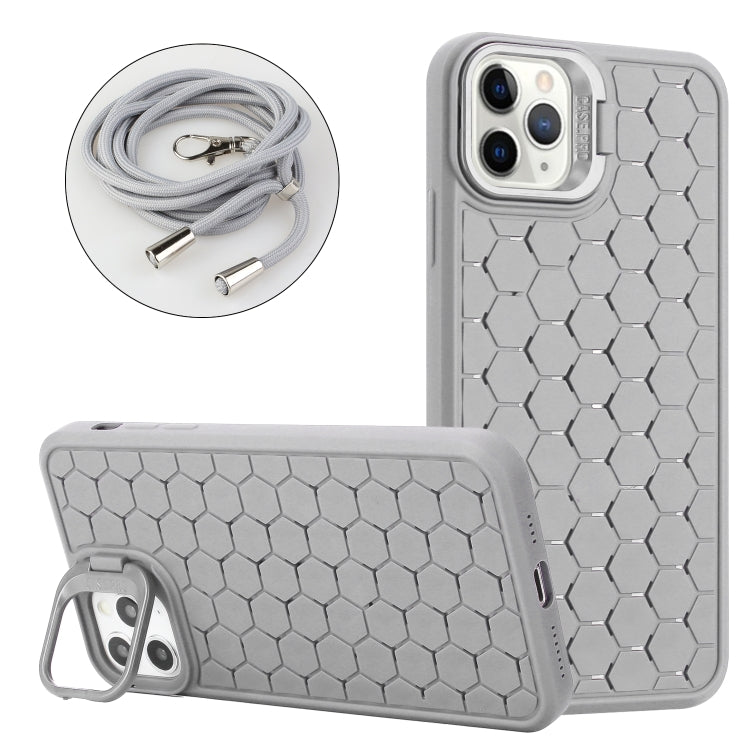 For iPhone 14 Pro Max Honeycomb Radiating Lens Holder Magsafe Phone Case with Lanyard(Grey) - iPhone 14 Pro Max Cases by buy2fix | Online Shopping UK | buy2fix
