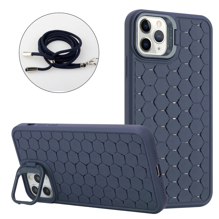 For iPhone 11 Pro Honeycomb Radiating Lens Holder Magsafe Phone Case with Lanyard(Blue) - iPhone 11 Pro Cases by buy2fix | Online Shopping UK | buy2fix