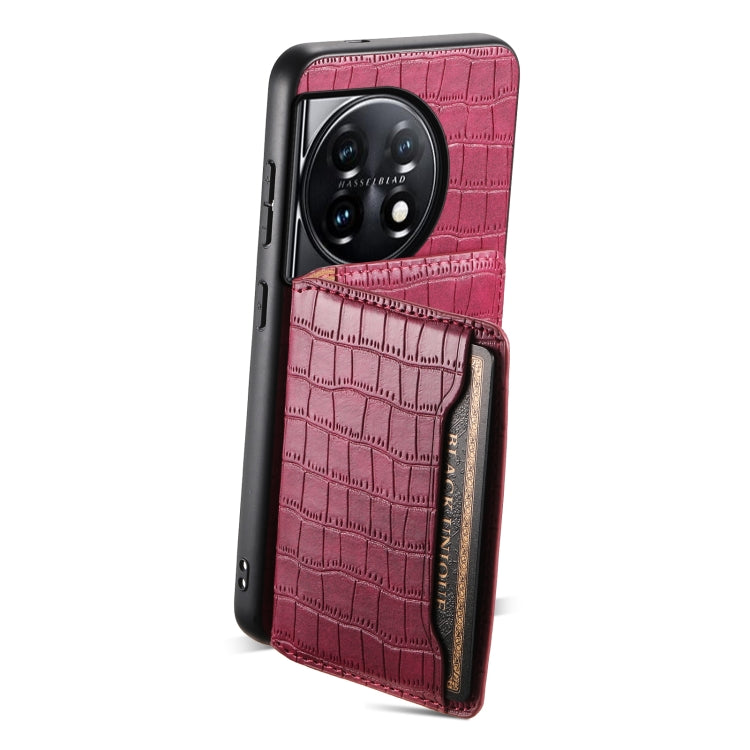 For OnePlus 11 Crocodile Texture Card Bag Design Full Coverage Phone Case(Red) - OnePlus Cases by buy2fix | Online Shopping UK | buy2fix