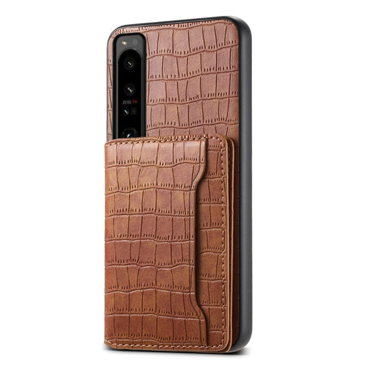 For Sony Xperia 1 IV Crocodile Texture Card Bag Design Full Coverage Phone Case(Brown) - Sony Cases by buy2fix | Online Shopping UK | buy2fix