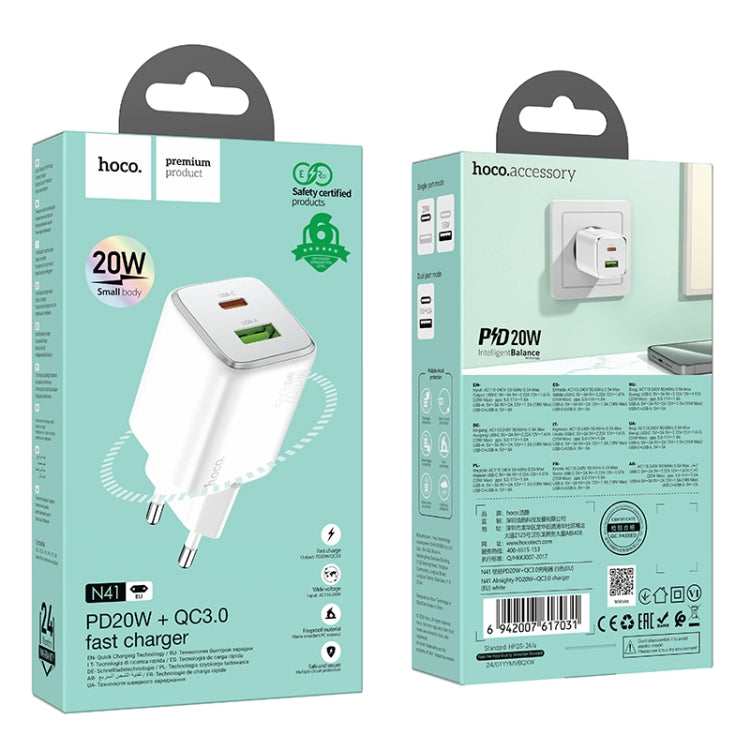 hoco N41 Almighty PD20W Type-C + QC3.0 USB Charger, EU Plug(White) - USB Charger by hoco | Online Shopping UK | buy2fix