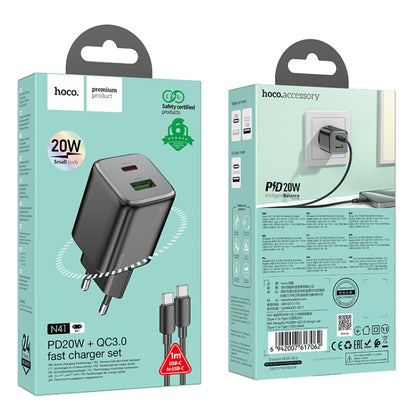 hoco N41 Almighty PD20W Type-C + QC3.0 USB Charger with Type-C to Type-C Cable, EU Plug(Black) - USB Charger by hoco | Online Shopping UK | buy2fix