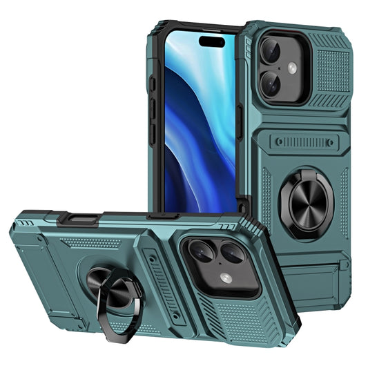 For iPhone 16 TPU+PC Shockproof Card Phone Case with Metal Ring Holder(Green) - iPhone 16 Cases by buy2fix | Online Shopping UK | buy2fix