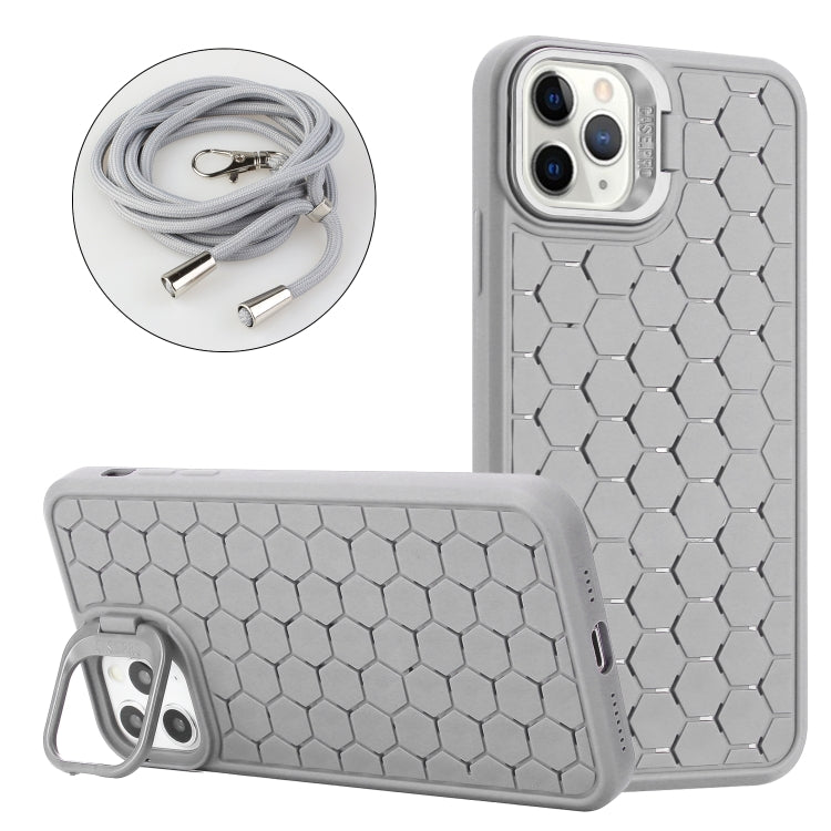 For iPhone 16 Pro Max Honeycomb Radiating Holder TPU Phone Case with Lanyard(Grey) - iPhone 16 Pro Max Cases by buy2fix | Online Shopping UK | buy2fix