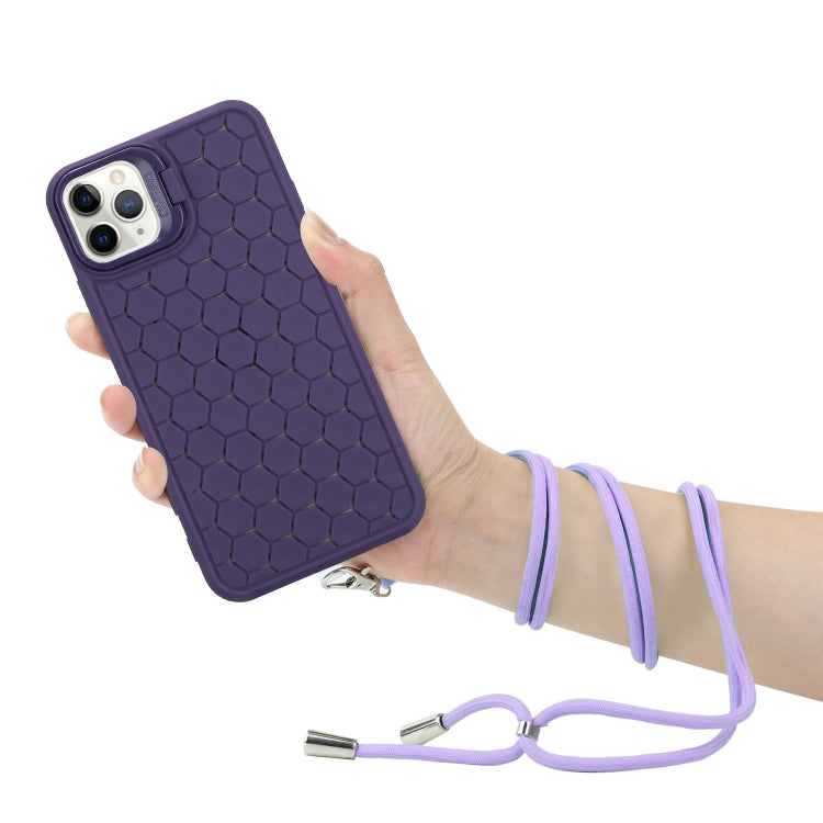 For iPhone 16 Pro Max Honeycomb Radiating Holder TPU Phone Case with Lanyard(Purple) - iPhone 16 Pro Max Cases by buy2fix | Online Shopping UK | buy2fix