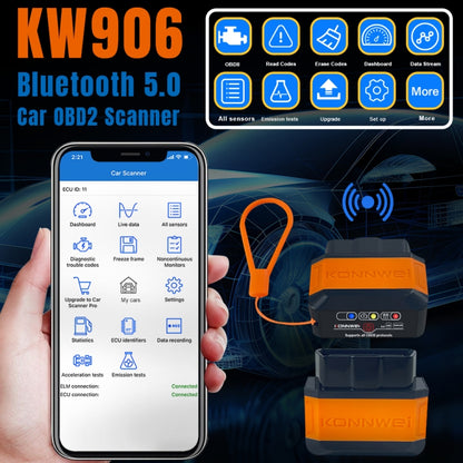 KONNWEI KW906 Bluetooth 5.0 Car OBD2 Scanner Support Android & iOS(Black Orange) - Code Readers & Scan Tools by KONNWEI | Online Shopping UK | buy2fix