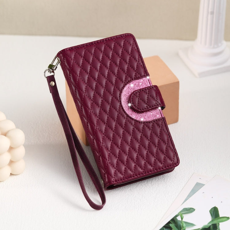 For Google Pixel 7a Glitter Lattice Zipper Wallet Leather Phone Case(Wine Red) - Google Cases by buy2fix | Online Shopping UK | buy2fix