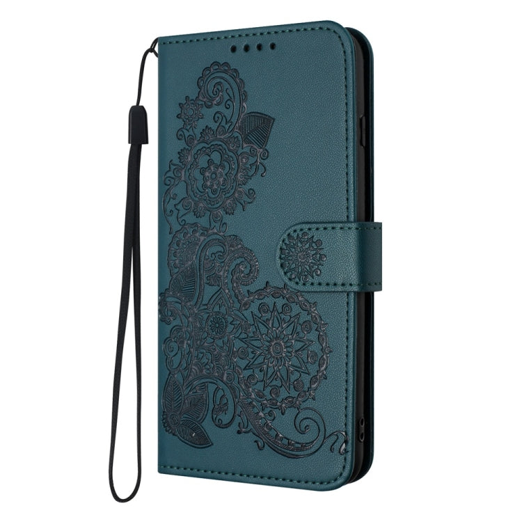 For iPhone 16 Datura Flower Embossed Flip Leather Phone Case(Dark Green) - iPhone 16 Cases by buy2fix | Online Shopping UK | buy2fix