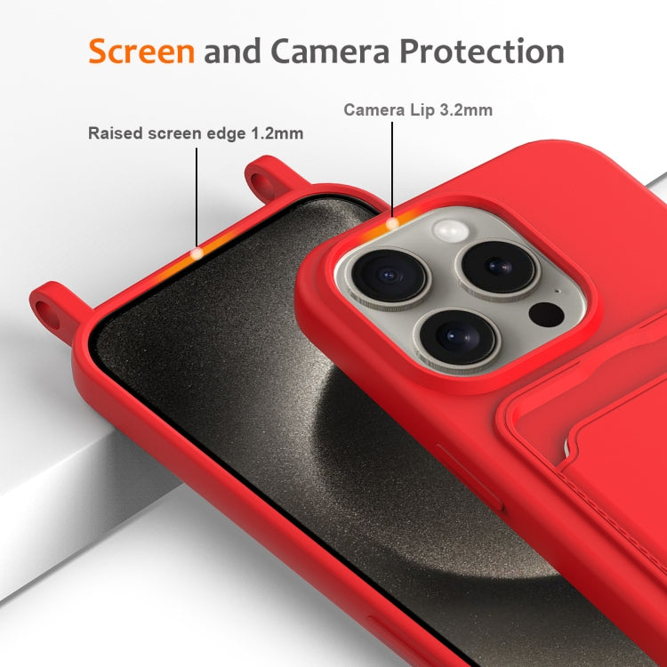 For iPhone 16 Pro Max Integrated Card Bag Solid Color Liquid Silicone Phone Case with Lanyard(Red) - iPhone 16 Pro Max Cases by buy2fix | Online Shopping UK | buy2fix