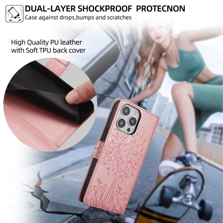 For OnePlus 11 Tree & Deer Embossed Leather Phone Case(Rose Gold) - OnePlus Cases by buy2fix | Online Shopping UK | buy2fix