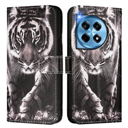 For OnePlus 12 5G Global Colored Drawing Pattern Plain Weave Leather Phone Case(Black And White Tiger) - OnePlus Cases by buy2fix | Online Shopping UK | buy2fix