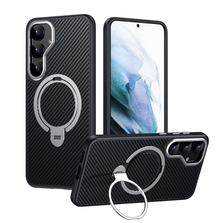 For Samsung Galaxy S25+ 5G Double Ring MagSafe Holder Carbon Fibre Phone Case(Silver) - Galaxy S25+ 5G Cases by buy2fix | Online Shopping UK | buy2fix