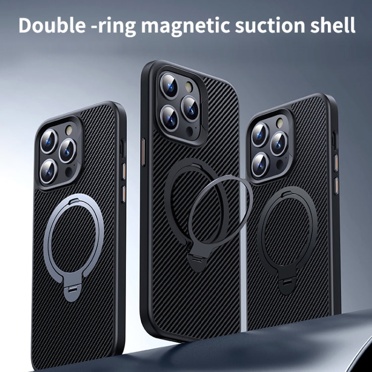 For iPhone 14 / 13 Double Ring MagSafe Holder Carbon Fibre Phone Case(Black) - iPhone 14 Cases by buy2fix | Online Shopping UK | buy2fix