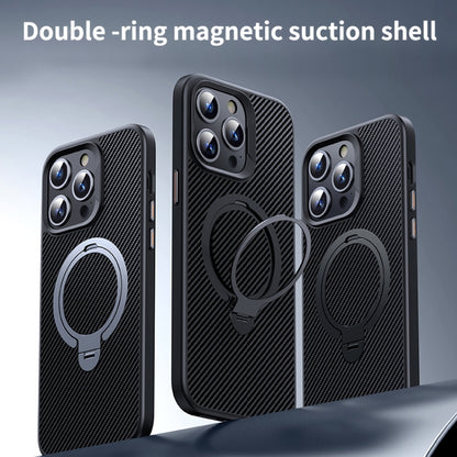 For iPhone 12 Pro Max Double Ring MagSafe Holder Carbon Fiber Phone Case(Black) - iPhone 12 Pro Max Cases by buy2fix | Online Shopping UK | buy2fix