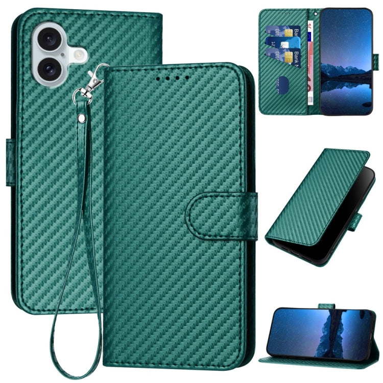 For iPhone 16 Plus YX0070 Carbon Fiber Buckle Leather Phone Case with Lanyard(Dark Green) - iPhone 16 Plus Cases by buy2fix | Online Shopping UK | buy2fix