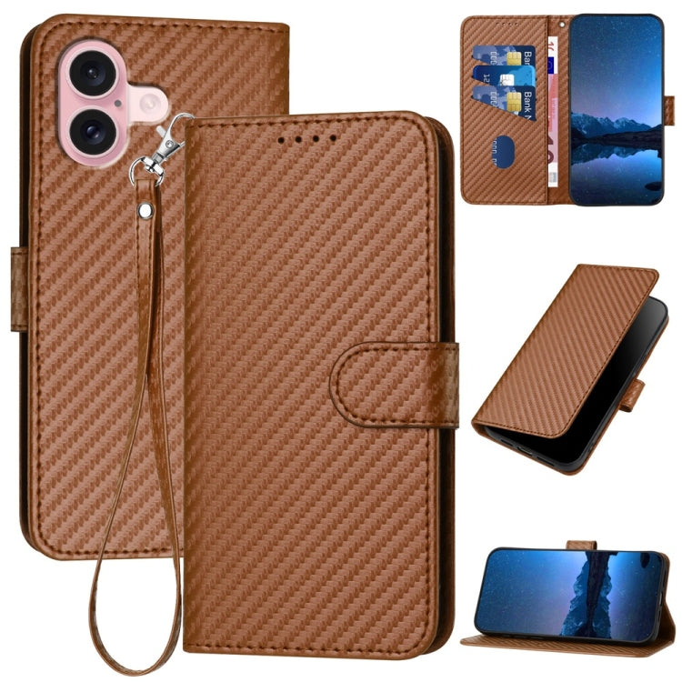 For iPhone 16 YX0070 Carbon Fiber Buckle Leather Phone Case with Lanyard(Coffee) - iPhone 16 Cases by buy2fix | Online Shopping UK | buy2fix