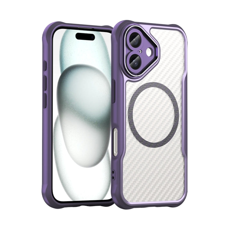 For iPhone 16 Carbon Fiber Texture MagSafe Translucent Phone Case(Purple) - iPhone 16 Cases by buy2fix | Online Shopping UK | buy2fix