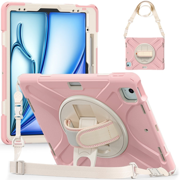 For iPad Air 13 2024 Rotatable Holder Silicone Hybrid PC Tablet Case with Shoulder Strap(Cherry Blossom Pink) - iPad Air 13 2024 Cases by buy2fix | Online Shopping UK | buy2fix