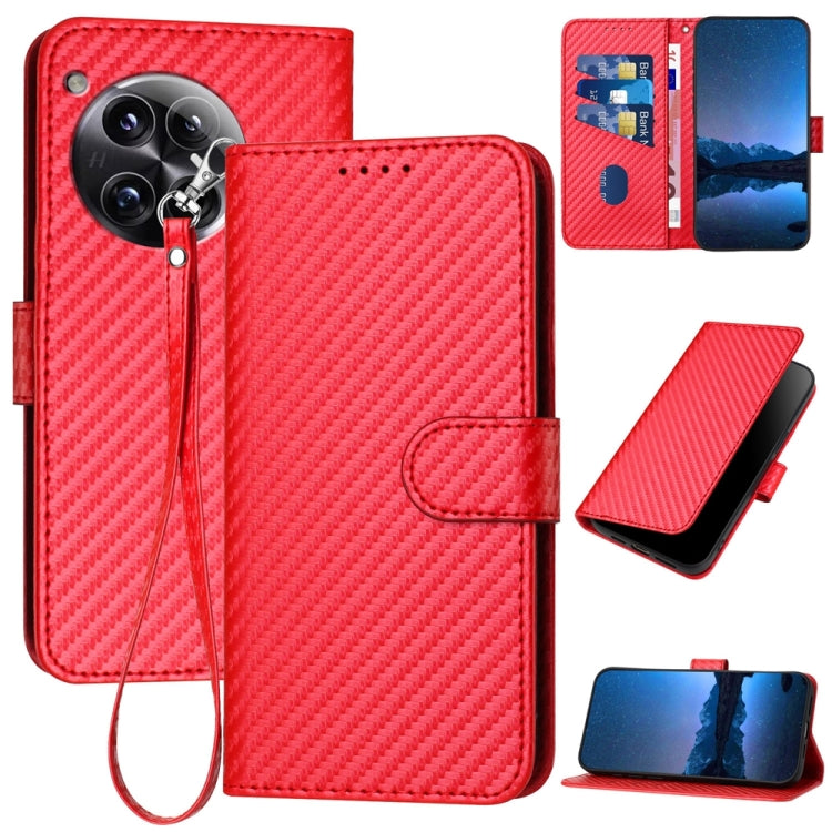 For OnePlus 12 YX0070 Carbon Fiber Buckle Leather Phone Case with Lanyard(Red) - OnePlus Cases by buy2fix | Online Shopping UK | buy2fix