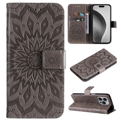 For iPhone 16 Pro Max Embossed Sunflower Pattern Flip Leather Phone Case(Grey) - iPhone 16 Pro Max Cases by buy2fix | Online Shopping UK | buy2fix