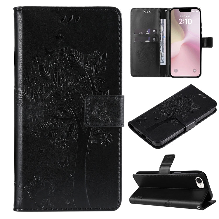 For iPhone SE 2024 Tree & Cat Embossed Pattern Flip Leather Phone Case(Black) - More iPhone Cases by buy2fix | Online Shopping UK | buy2fix