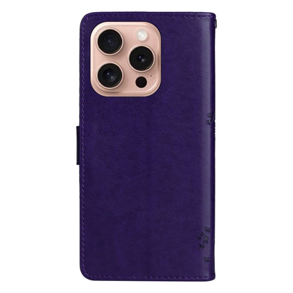 For iPhone 16 Pro Tree & Cat Embossed Pattern Flip Leather Phone Case(Purple) - iPhone 16 Pro Cases by buy2fix | Online Shopping UK | buy2fix