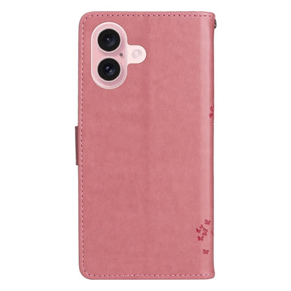 For iPhone 16 Tree & Cat Embossed Pattern Flip Leather Phone Case(Pink) - iPhone 16 Cases by buy2fix | Online Shopping UK | buy2fix