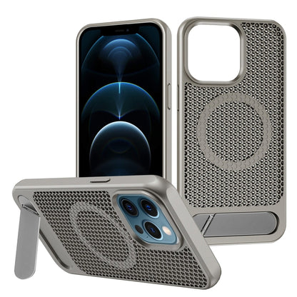 For iPhone 12 Pro Max Honeycomb Cooling MagSafe Phone Case with Invisible Holder(Grey) - iPhone 12 Pro Max Cases by buy2fix | Online Shopping UK | buy2fix