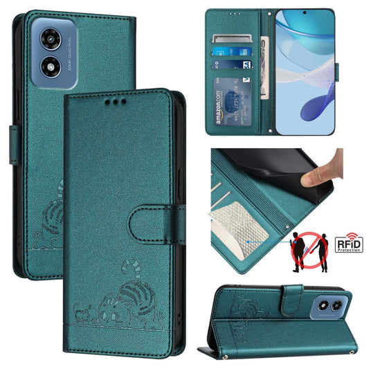 For Motorola Moto G Play 4G 2024 Global Cat Rat Embossed Pattern RFID Leather Phone Case with Lanyard(Peacock Green) - Motorola Cases by buy2fix | Online Shopping UK | buy2fix