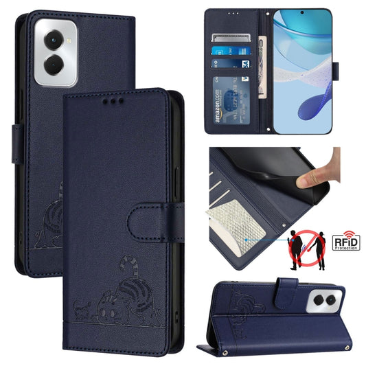 For Motorola Moto G Power 5G 2024 Cat Rat Embossed Pattern RFID Leather Phone Case with Lanyard(Blue) - Motorola Cases by buy2fix | Online Shopping UK | buy2fix