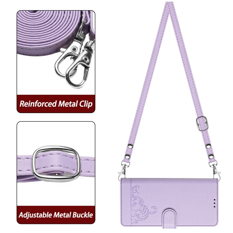 For OnePlus 12R 5G Global Cat Rat Embossed Pattern RFID Leather Phone Case with Lanyard(Purple) - OnePlus Cases by buy2fix | Online Shopping UK | buy2fix