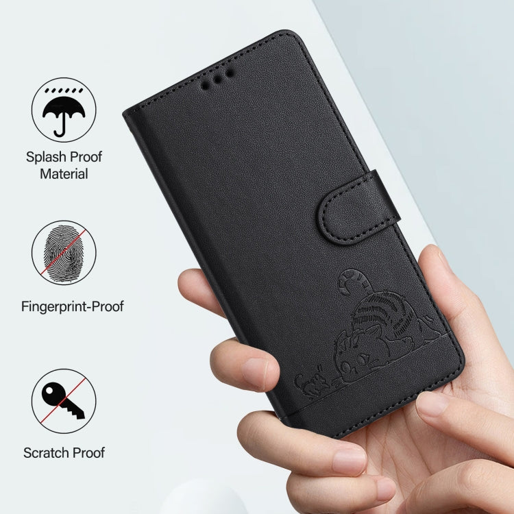 For OnePlus 11 Cat Rat Embossed Pattern RFID Leather Phone Case with Lanyard(Black) - OnePlus Cases by buy2fix | Online Shopping UK | buy2fix