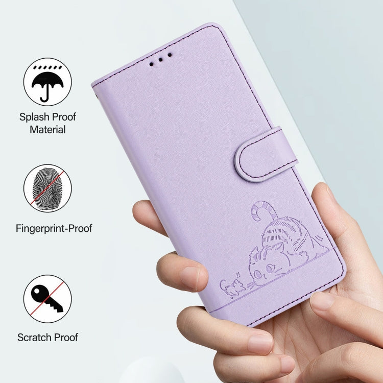 For OnePlus 11 Cat Rat Embossed Pattern RFID Leather Phone Case with Lanyard(Purple) - OnePlus Cases by buy2fix | Online Shopping UK | buy2fix