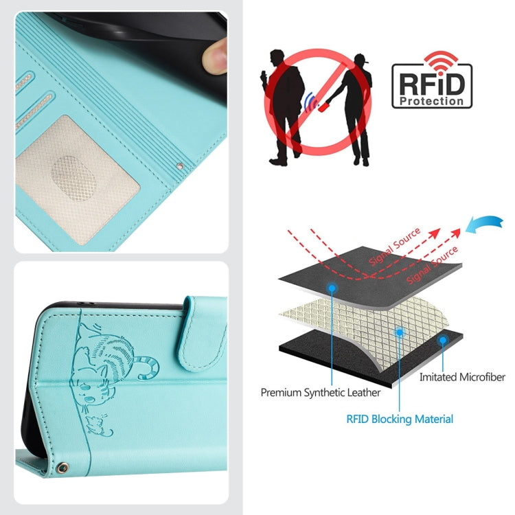 For OnePlus Nord CE 5G Cat Rat Embossed Pattern RFID Leather Phone Case with Lanyard(Mint Green) - OnePlus Cases by buy2fix | Online Shopping UK | buy2fix