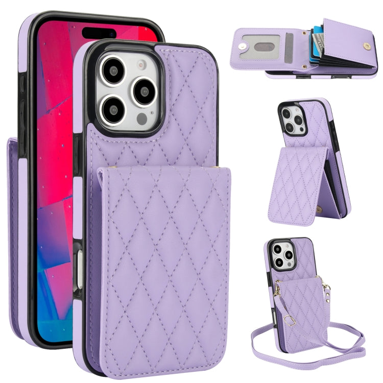 For iPhone 16 Pro Max YM015 Crossbody Rhombic Card Bag RFID Phone Case(Light Purple) - iPhone 16 Pro Max Cases by buy2fix | Online Shopping UK | buy2fix