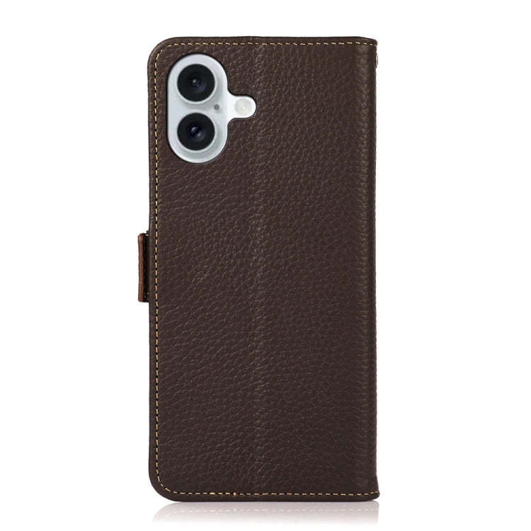 For iPhone 16 KHAZNEH Side-Magnetic Litchi Genuine Leather RFID Case(Brown) - iPhone 16 Cases by buy2fix | Online Shopping UK | buy2fix