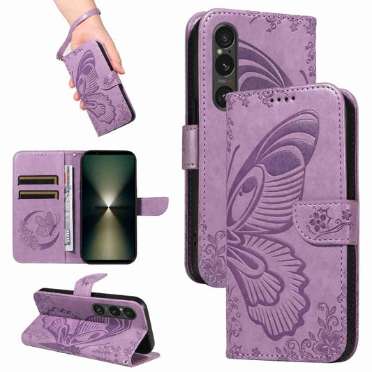 For Sony Xperia 1 VI 2024 Swallowtail Butterfly Embossed Leather Phone Case(Purple) - Sony Cases by buy2fix | Online Shopping UK | buy2fix