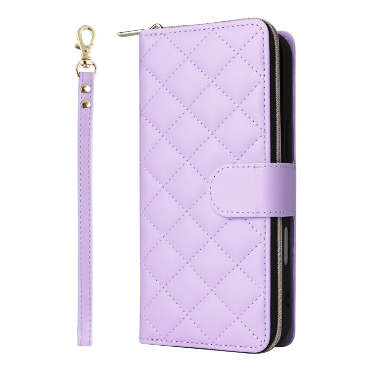 For iPhone 16 Crossbody Rhombic Zipper Tower Buckle Leather Phone Case with Lanyard(Purple) - iPhone 16 Cases by buy2fix | Online Shopping UK | buy2fix