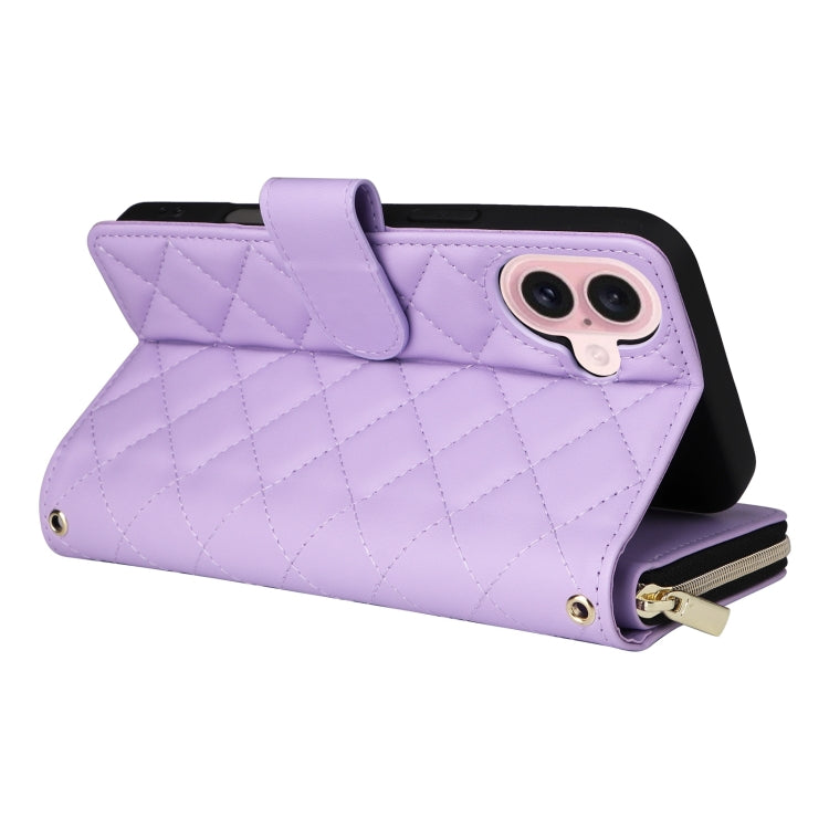 For iPhone 16 Crossbody Rhombic Zipper Tower Buckle Leather Phone Case with Lanyard(Purple) - iPhone 16 Cases by buy2fix | Online Shopping UK | buy2fix