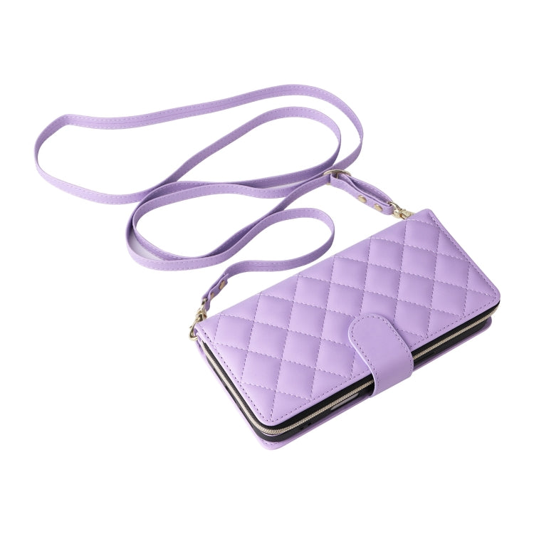 For iPhone 16 Crossbody Rhombic Zipper Tower Buckle Leather Phone Case with Lanyard(Purple) - iPhone 16 Cases by buy2fix | Online Shopping UK | buy2fix